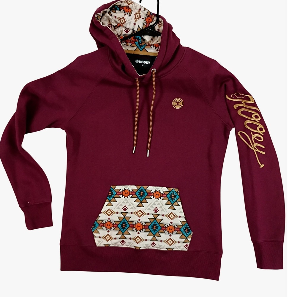Hooey Pullover Hoodie Women Medium Burgundy Southwestern Aztec Western Hoodie